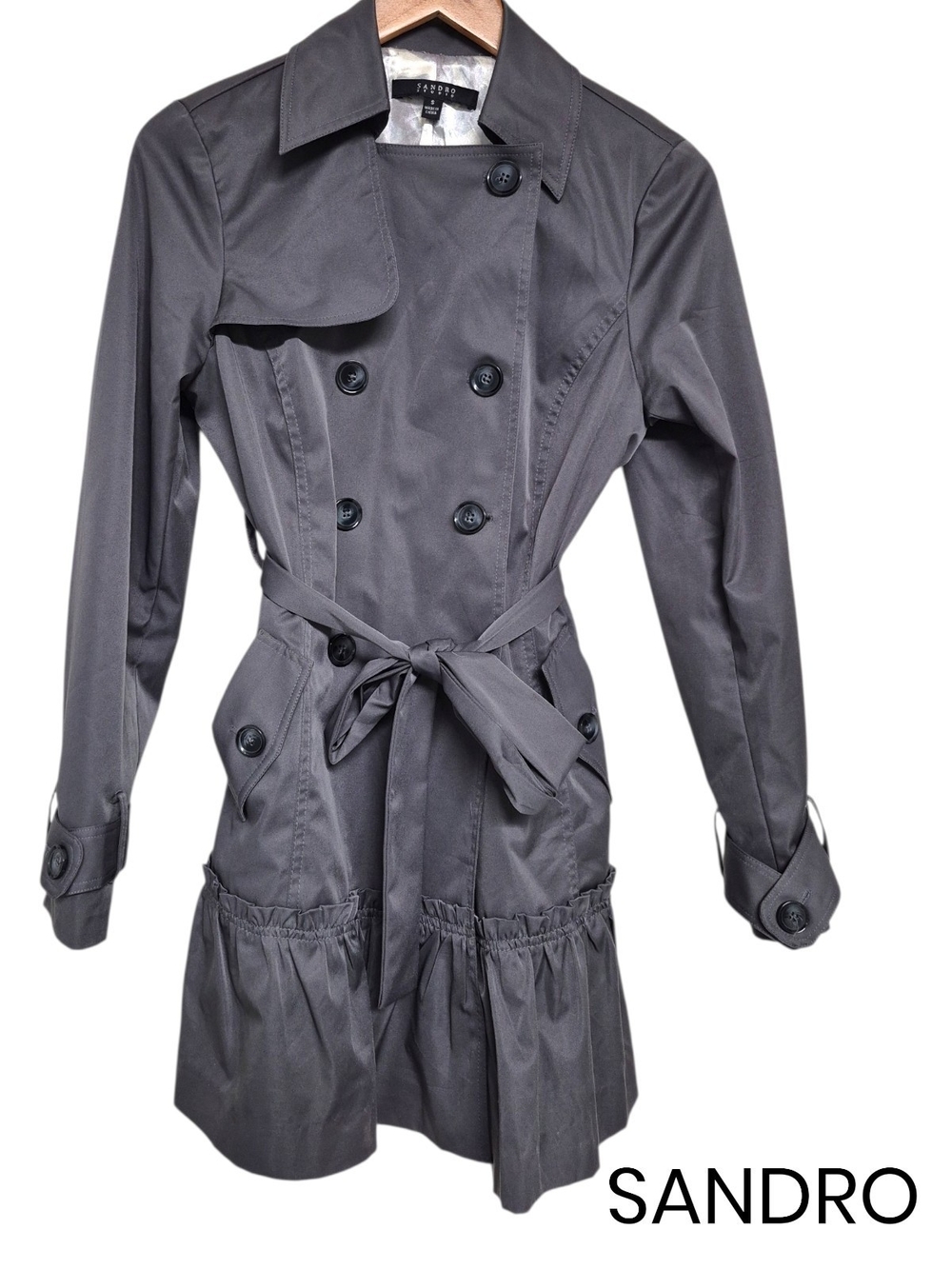 Sandro Double-Breasted Trench Coat in Charcoal Ruffled Hem Size S- Like New